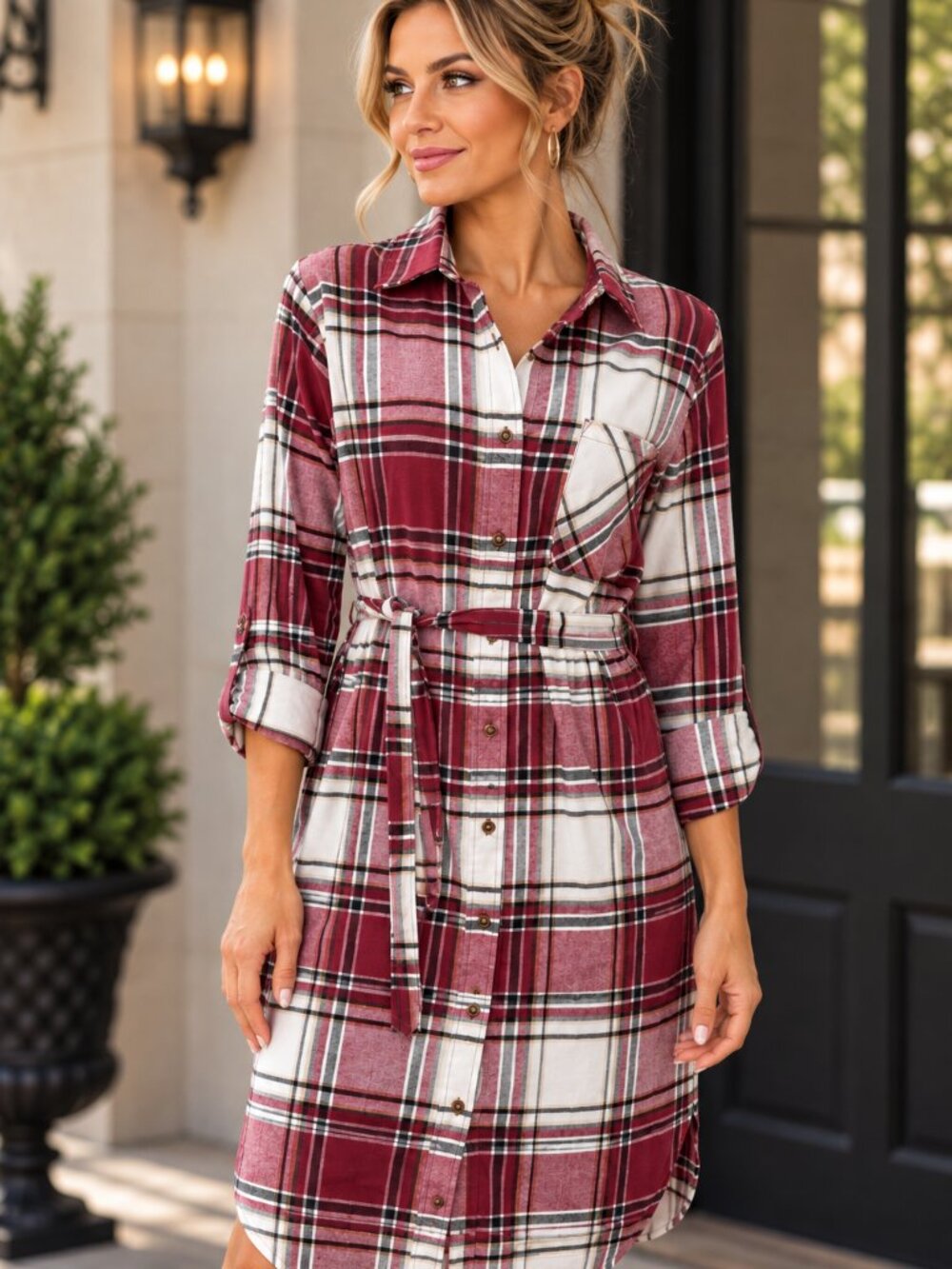 Adrienne Vittadini XL Burgundy Plaid Belted Button Front Midi Shirt Dress Preppy